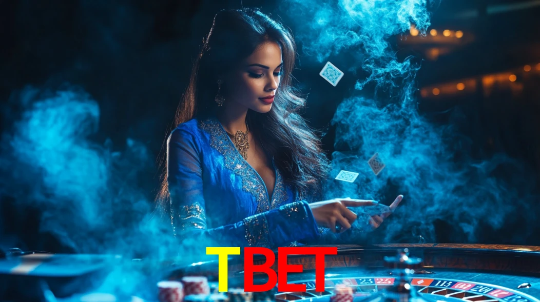 Escena dinámica inspirada en casino con iluminación TBET, cartas, fichas e íconos de juegos digitales en un espacio moderno de juegos.